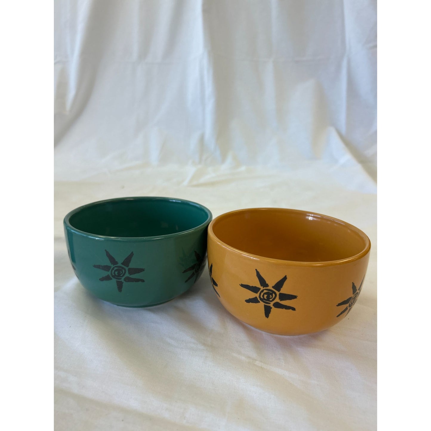Set Of 2 Ceramic Bowls With Sunburst Design Green & Mustard Yellow Handmade 3" Diameter