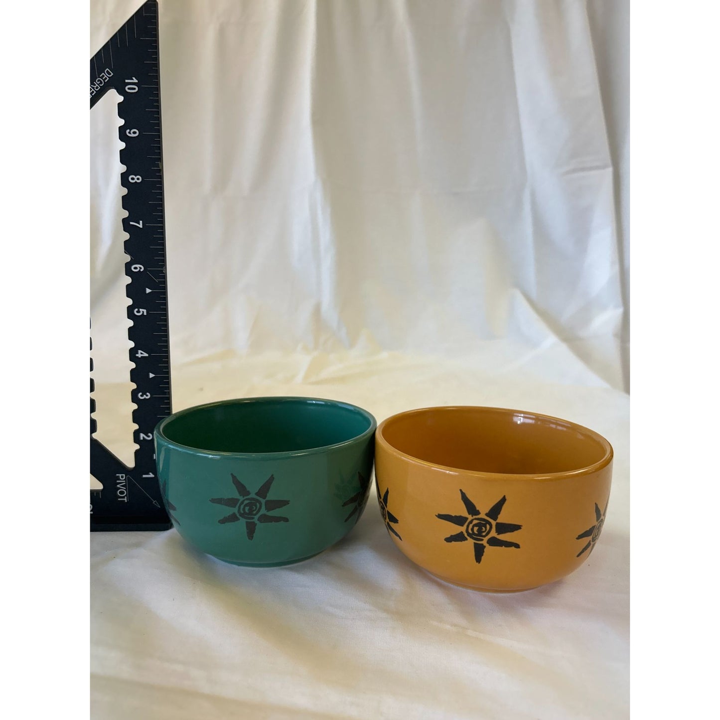 Set Of 2 Ceramic Bowls With Sunburst Design Green & Mustard Yellow Handmade 3" Diameter