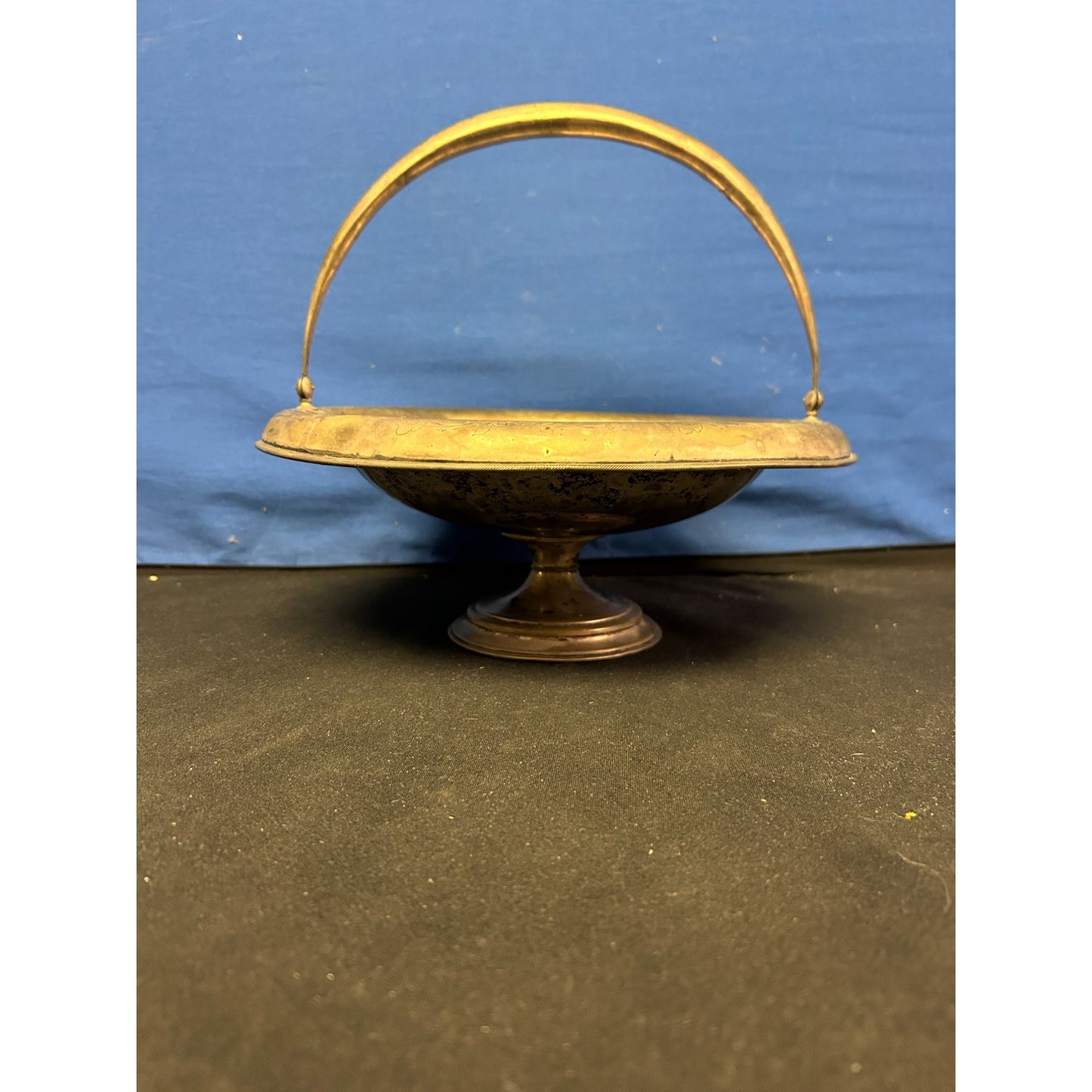 Antique Brass Pedestal Basket With Handle & Etched Floral Design