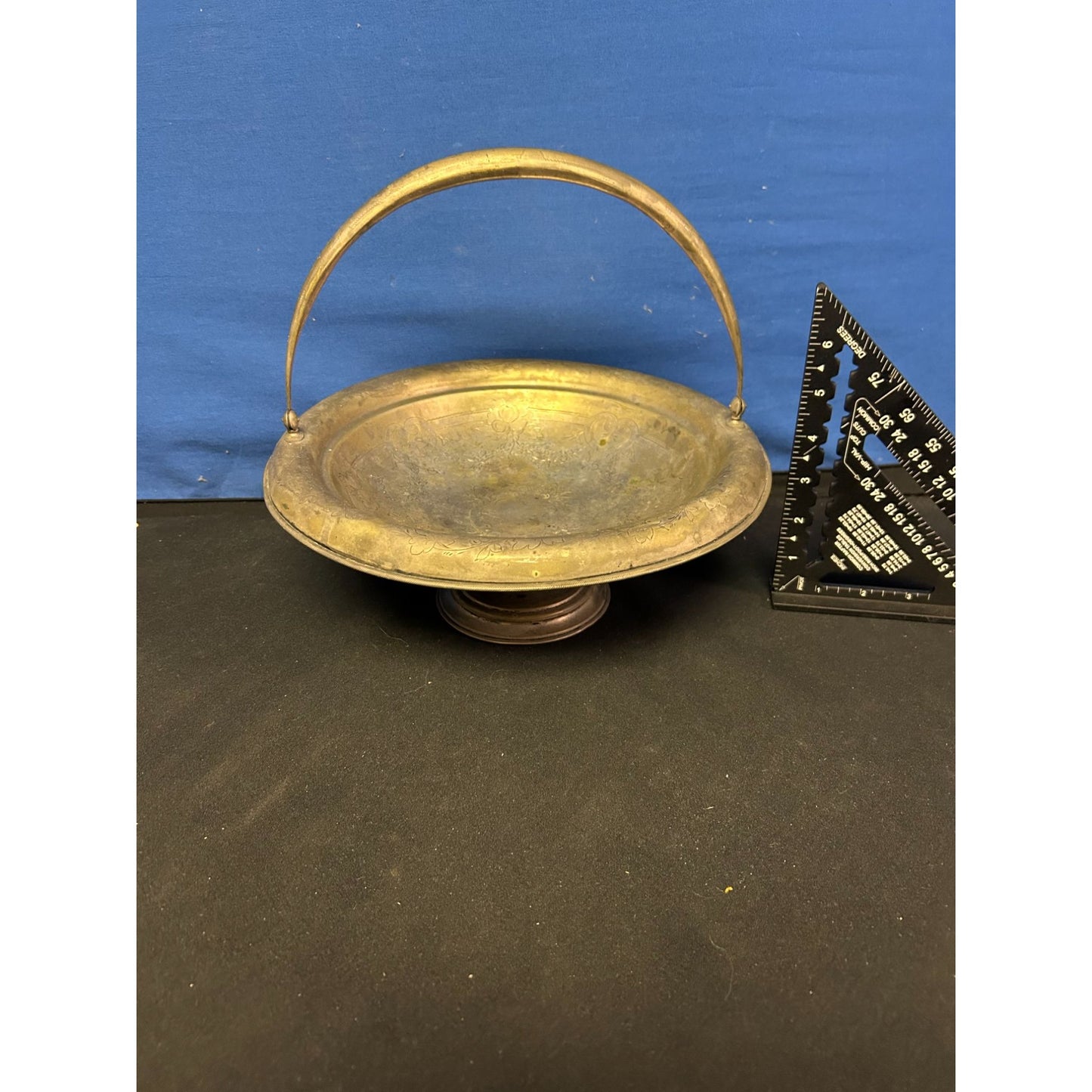 Antique Brass Pedestal Basket With Handle & Etched Floral Design
