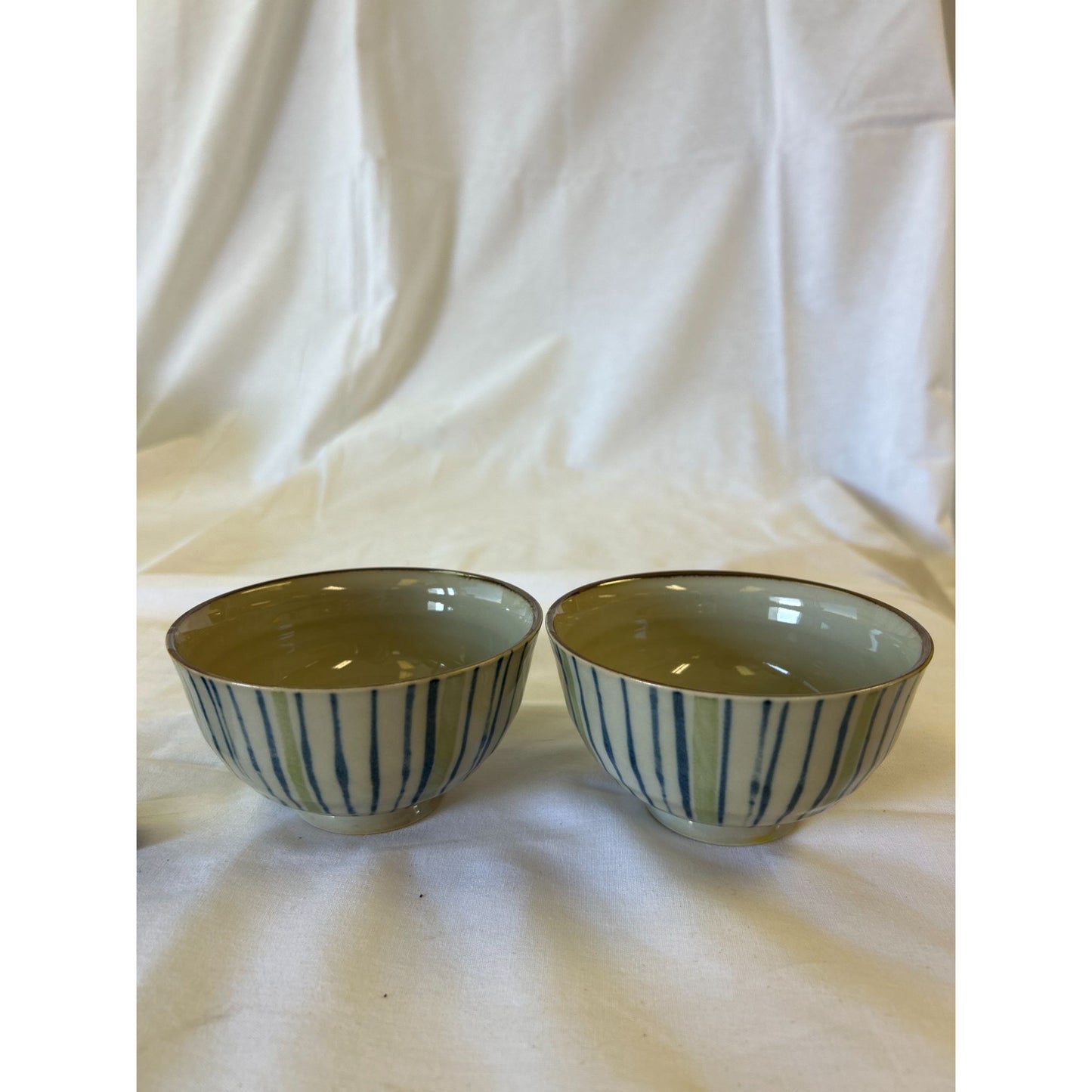 Handmade Ceramic Bowls With Blue Striped Design & Glossy Finish Set Of 2 2.5" Tall