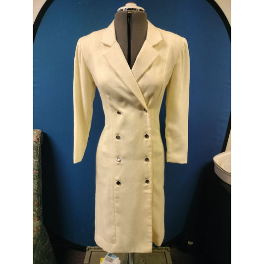 Vintage Ivory Double-Breasted Long Blazer Dress With Silver Button Accents