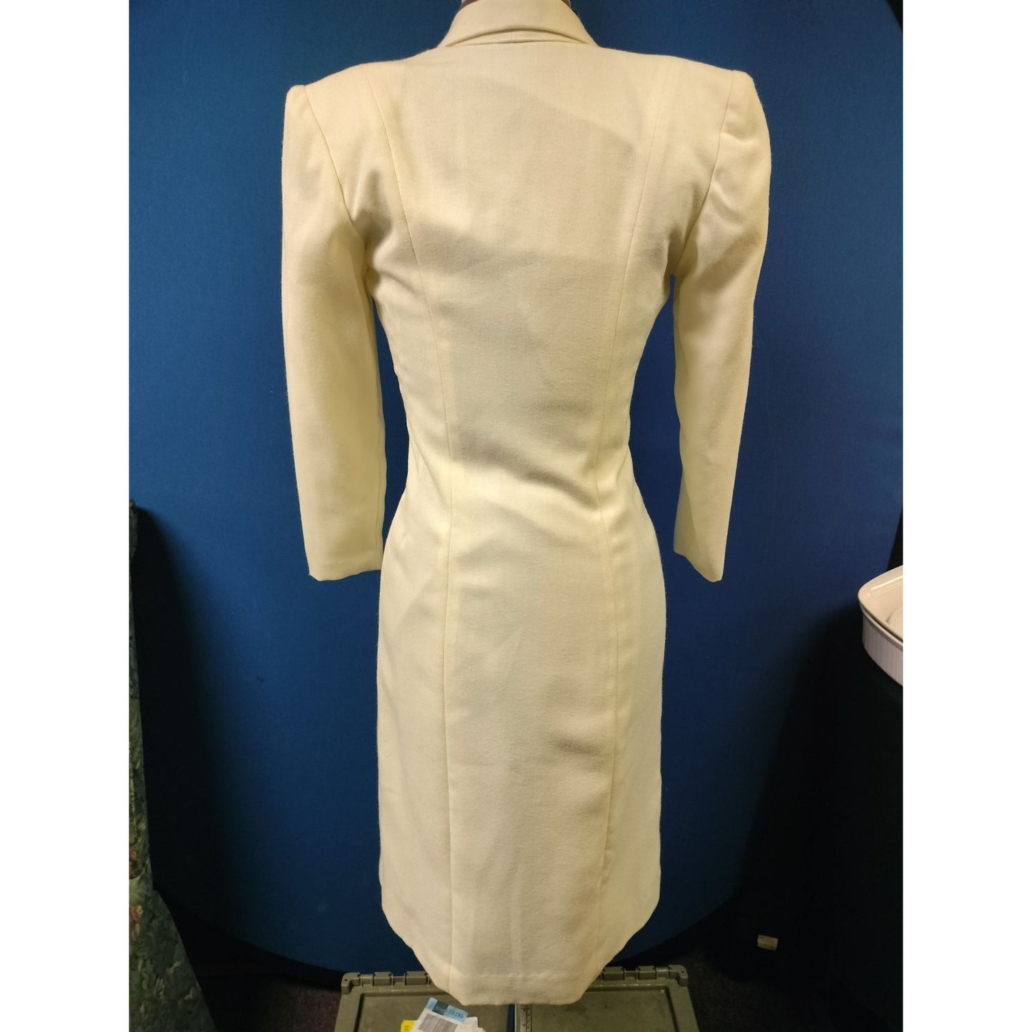 Vintage Ivory Double-Breasted Long Blazer Dress With Silver Button Accents