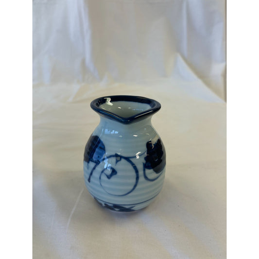 Hand-Painted Blue & White Ceramic Mini Vase 3.5" Tall With Abstract Swirl Design