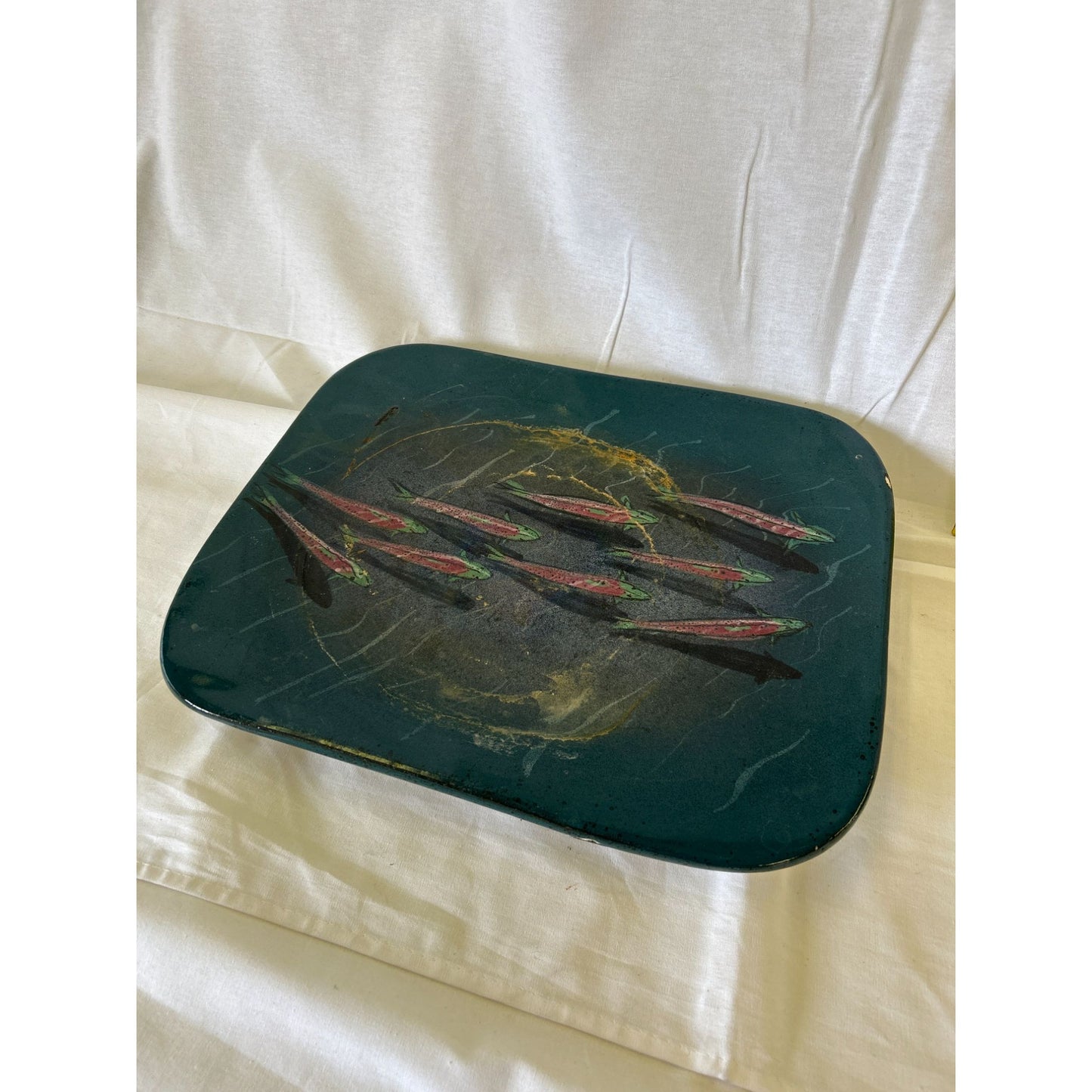 Vintage Ceramic Serving Tray With Fish Design 14"x10"