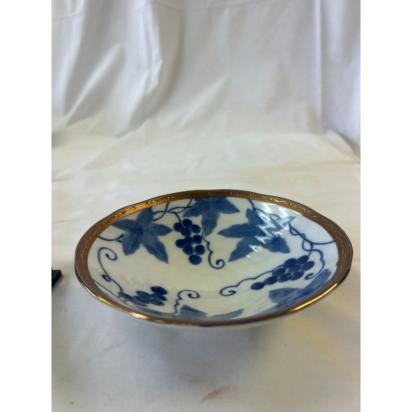 Vintage Blue & White Porcelain Bowl With Gold Rim Grapevine Design