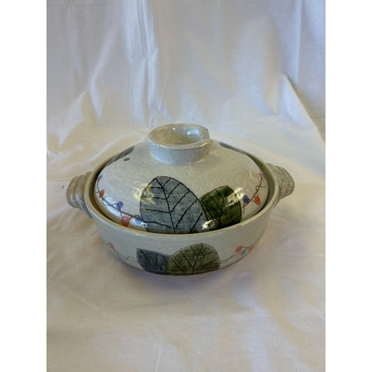 Handcrafted Ceramic Casserole Dish With Lid & Leaf Design 9" Diameter Rustic Style
