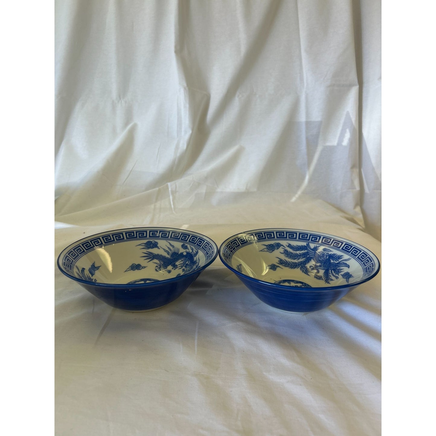 Set Of 2 Blue & White Porcelain Bowls With Oriental Floral Design 6" Diameter