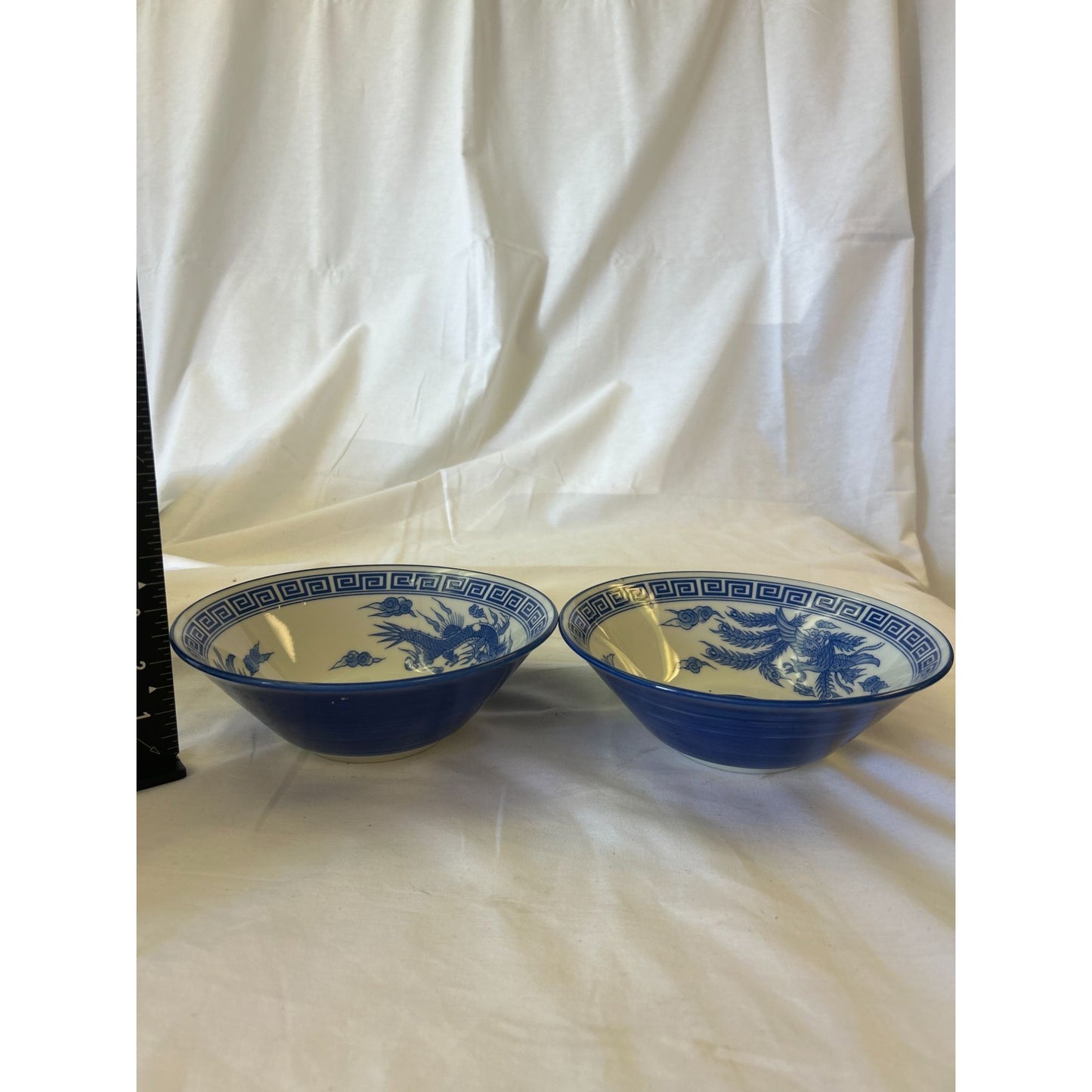 Set Of 2 Blue & White Porcelain Bowls With Oriental Floral Design 6" Diameter