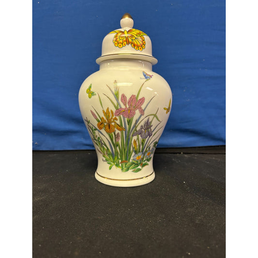 Vintage Porcelain Ginger Jar With Lid Floral & Butterfly Design