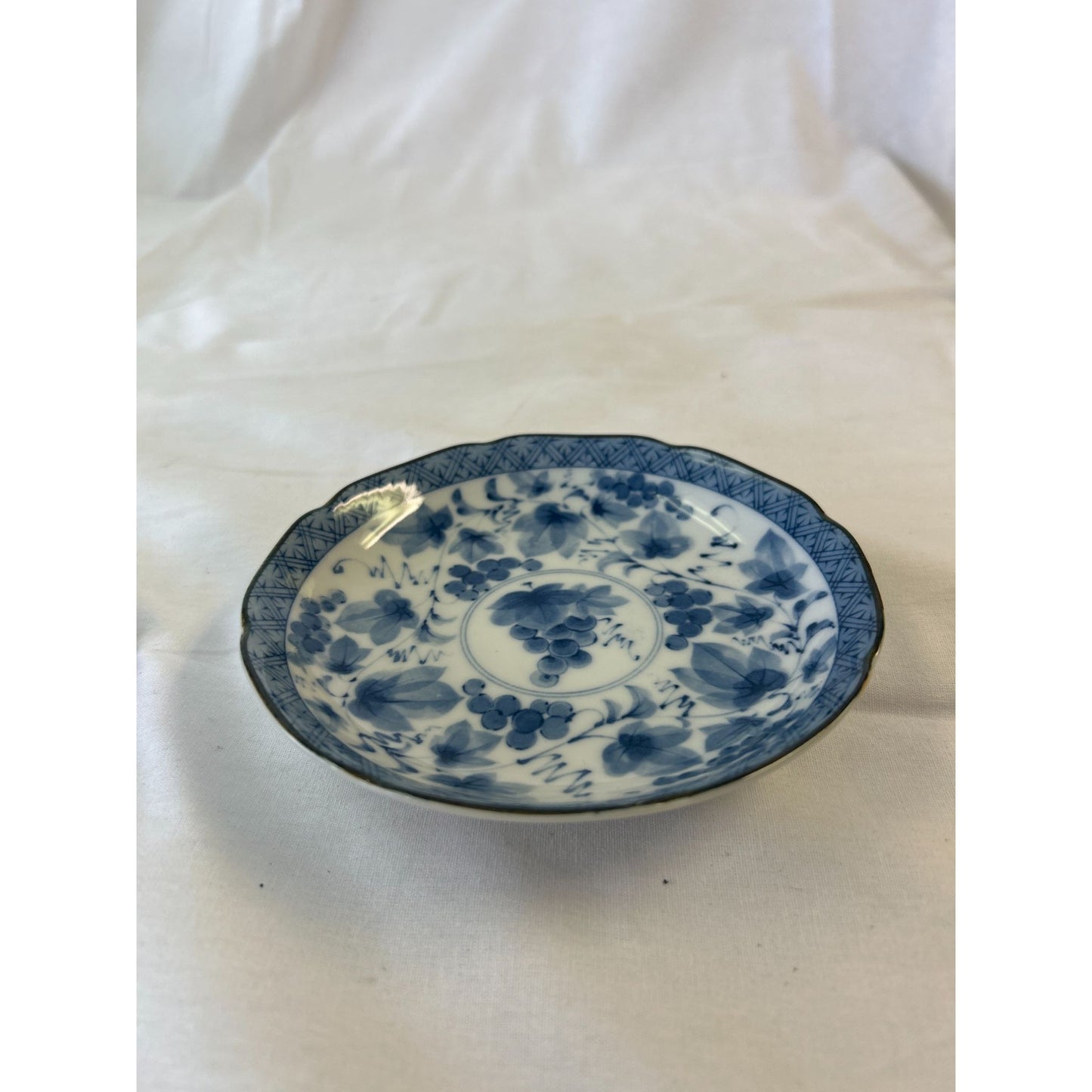 Vintage Blue & White Porcelain Plate With Floral & Grape Design