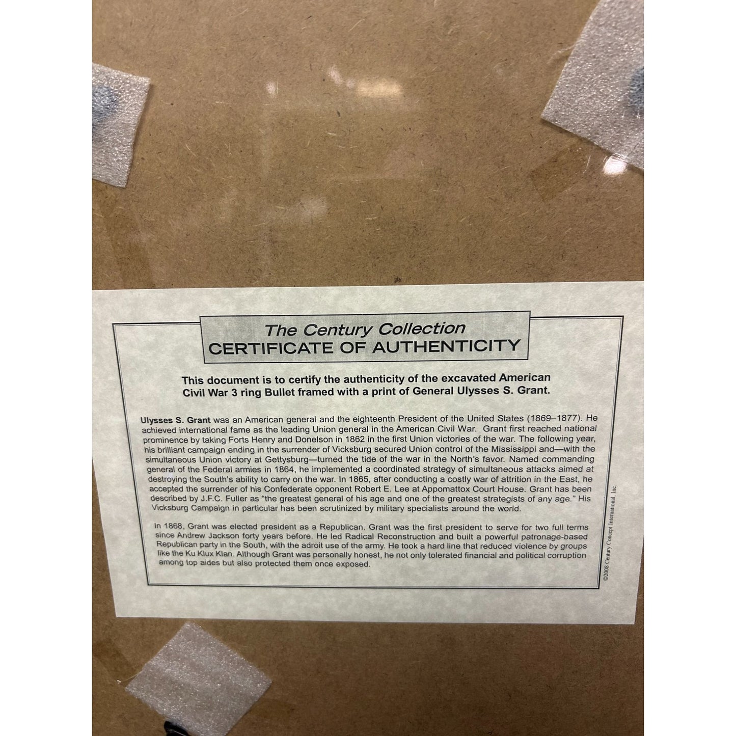 Framed Civil War Bullet & General Ulysses S. Grant Print With Certificate Of Authenticity