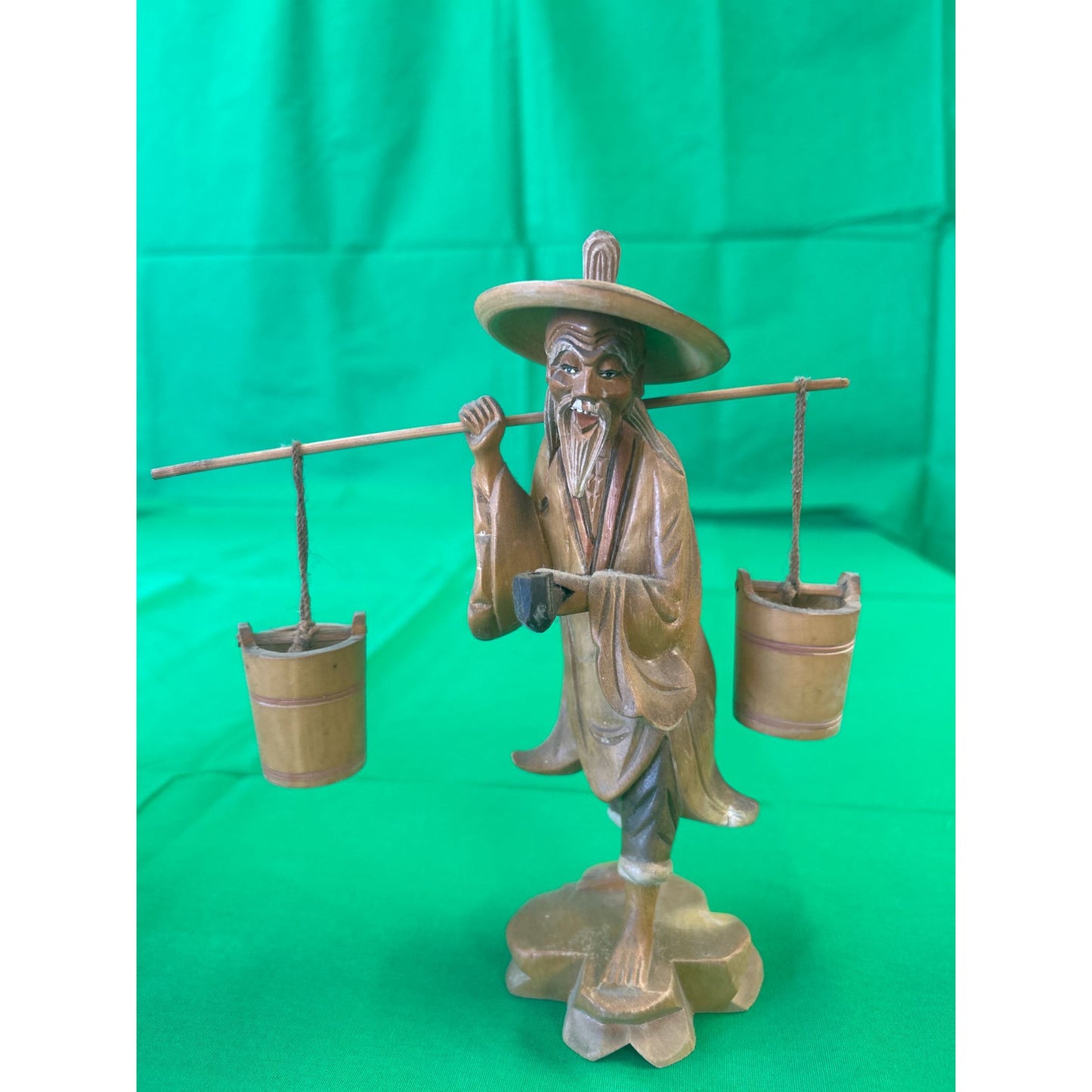 Hand-Carved Wooden Figurine Of Elderly Man Carrying Water Buckets Rustic Decor 8" Tall