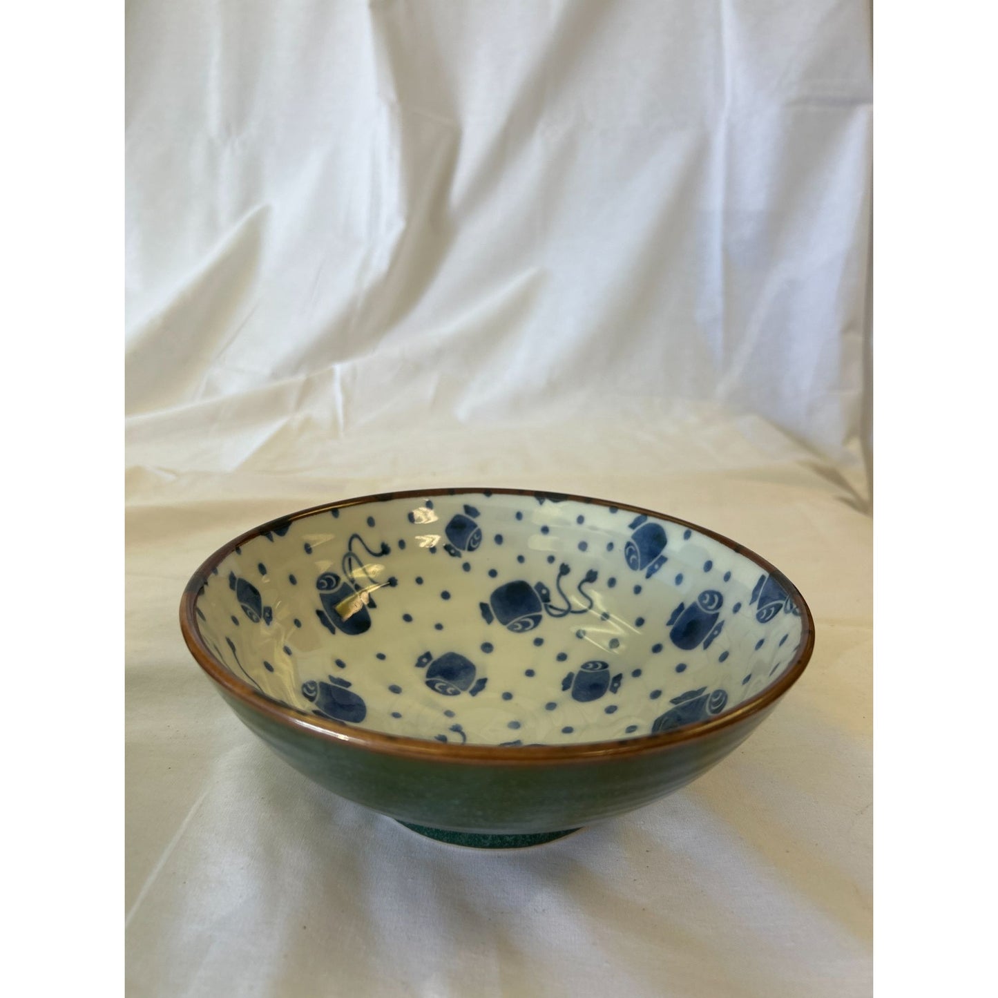 Handcrafted Ceramic Bowl With Blue Fish Print & Green Exterior