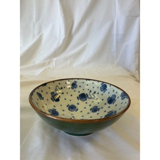 Handcrafted Ceramic Bowl With Blue Fish Print & Green Exterior
