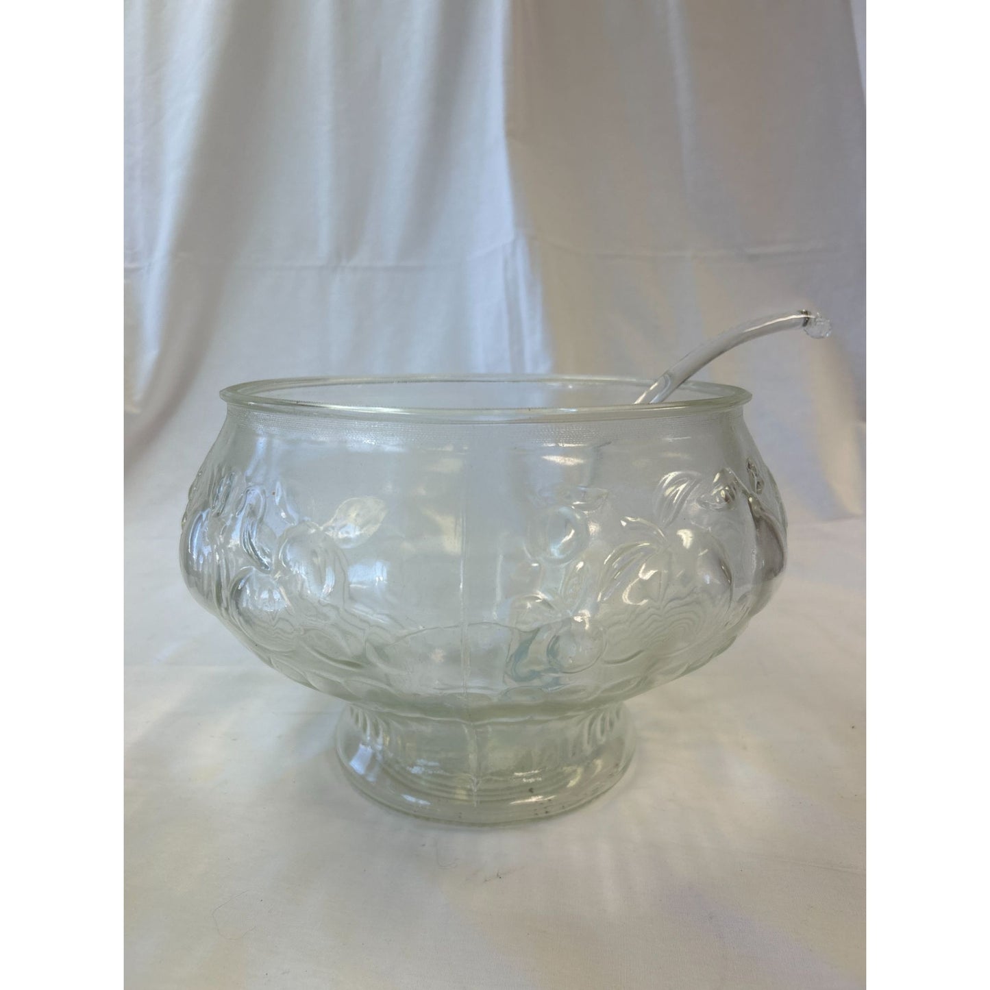 Vintage Clear Glass Punch Bowl With Floral Embossed Design & Plastic Ladle