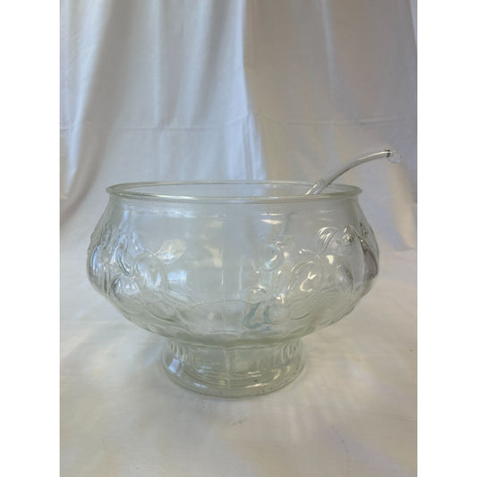 Vintage Clear Glass Punch Bowl With Floral Embossed Design & Plastic Ladle
