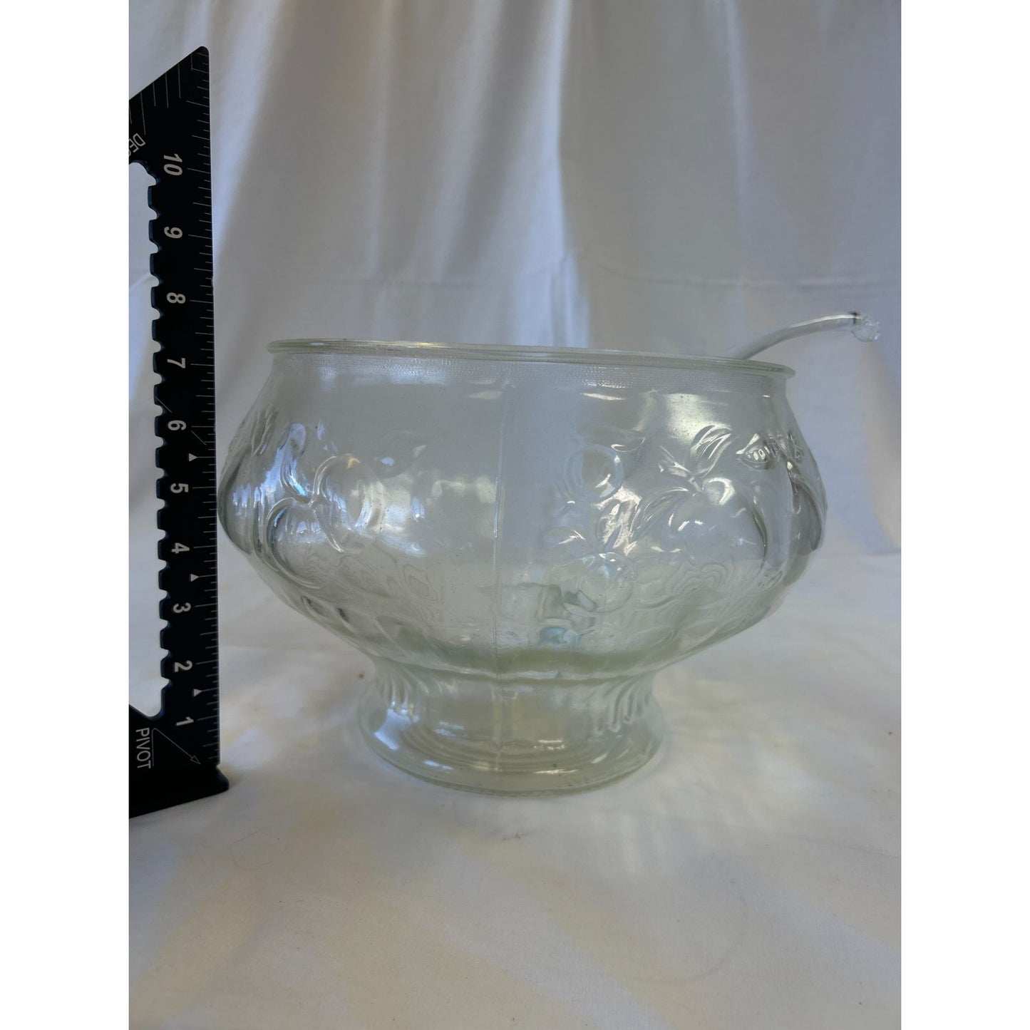Vintage Clear Glass Punch Bowl With Floral Embossed Design & Plastic Ladle