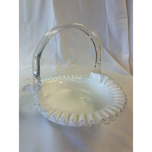 Vintage Fenton Milk Glass Silver Crest Ruffled Edge Basket Decorative Collectible 9" Tall