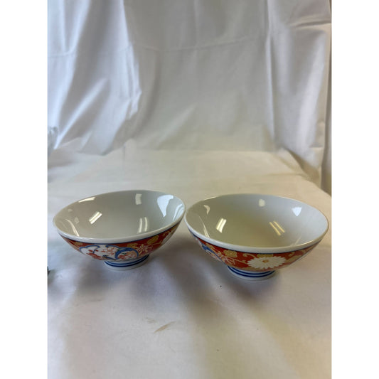 Set Of 2 Vintage Japanese Porcelain Bowls With Floral & Red Design