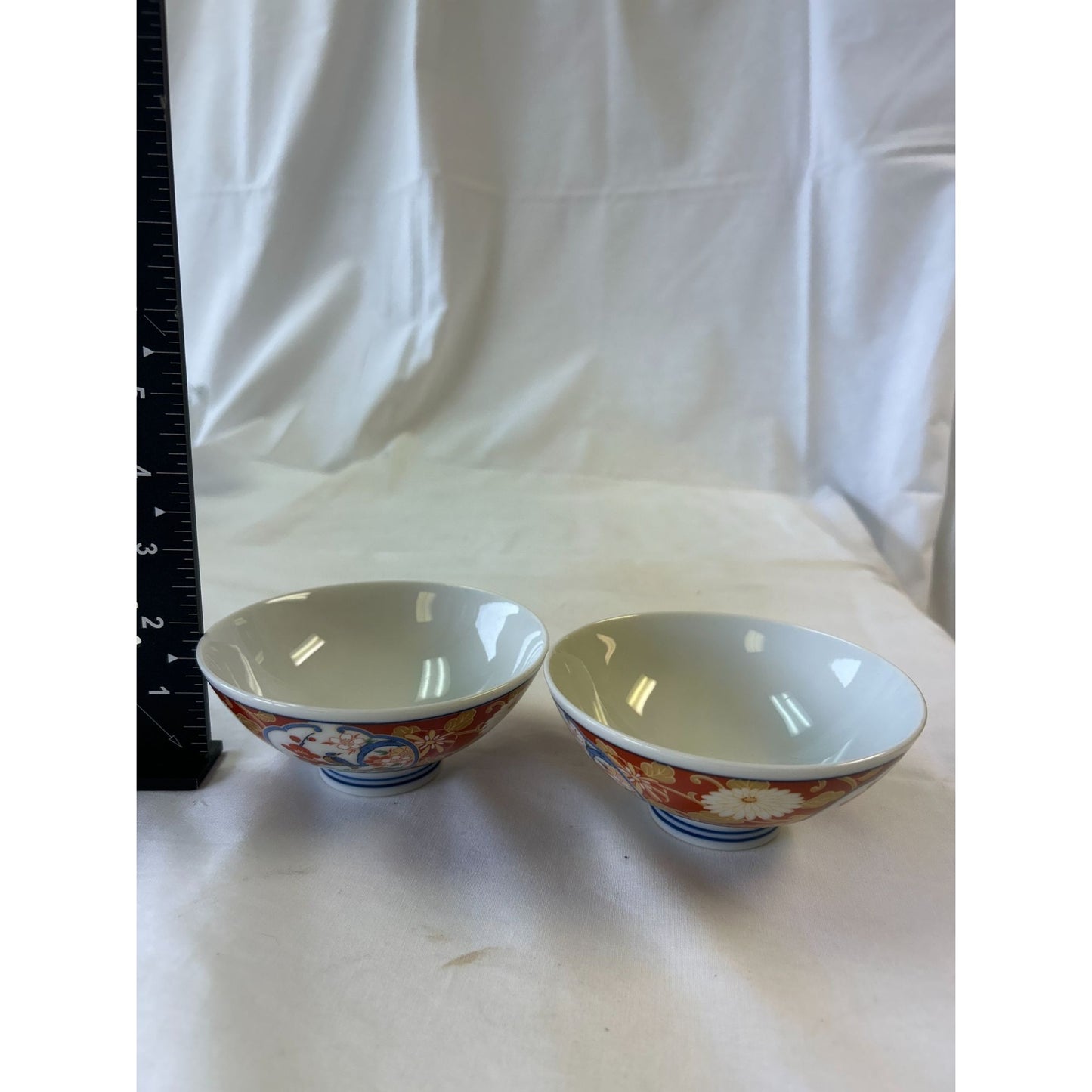 Set Of 2 Vintage Japanese Porcelain Bowls With Floral & Red Design