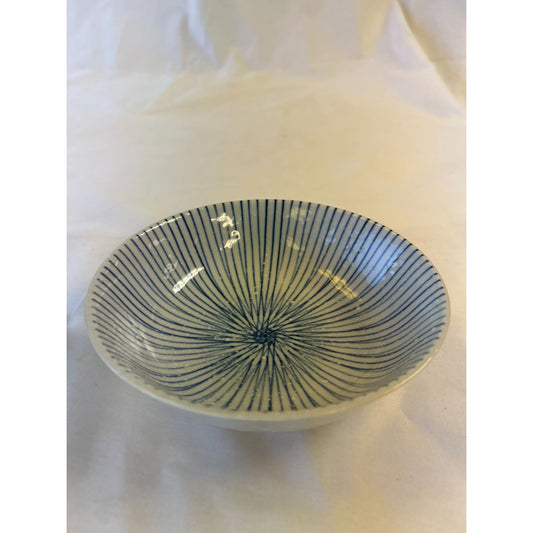 Handcrafted Ceramic Bowl With Blue & White Line Design - 6" Diameter