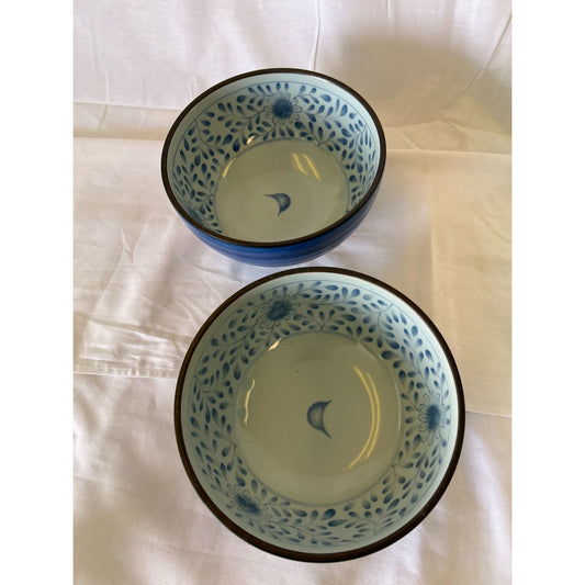 Set Of 2 Ceramic Blue Floral Design Bowls With Crescent Moon Pattern