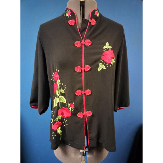 Vintage Black Mandarin Collar Jacket With Red Floral Embroidery & Frog Buttons Womens S/M