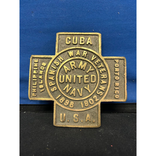 Spanish War Veterans Army Navy Brass Grave Marker 1898-1902 Vintage Military Memorabilia