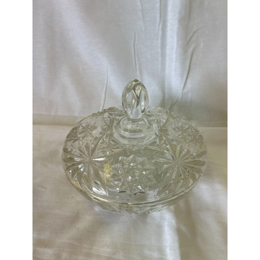 Vintage Crystal Lidded Candy Dish With Starburst Pattern 6" Diameter Decorative Glass Bowl