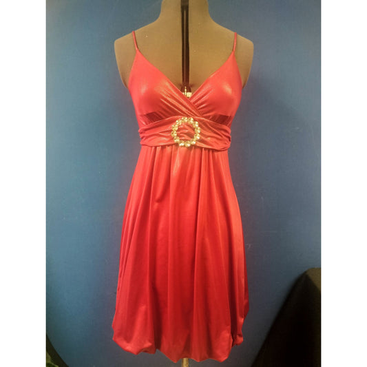 Red Spaghetti Strap Party Dress With Rhinestone Accent By Trac Small Polyester Metallic Womens