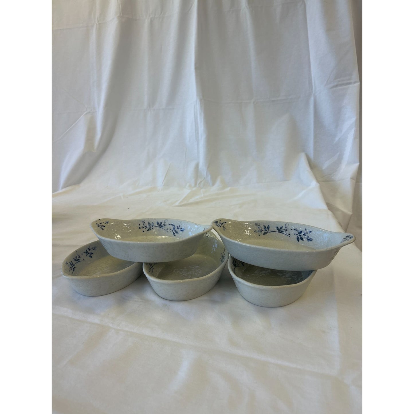 Set Of 5 Vintage Gray Oval Ceramic Bowls With Blue Floral Design
