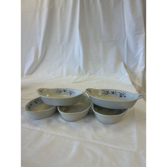 Set Of 5 Vintage Gray Oval Ceramic Bowls With Blue Floral Design