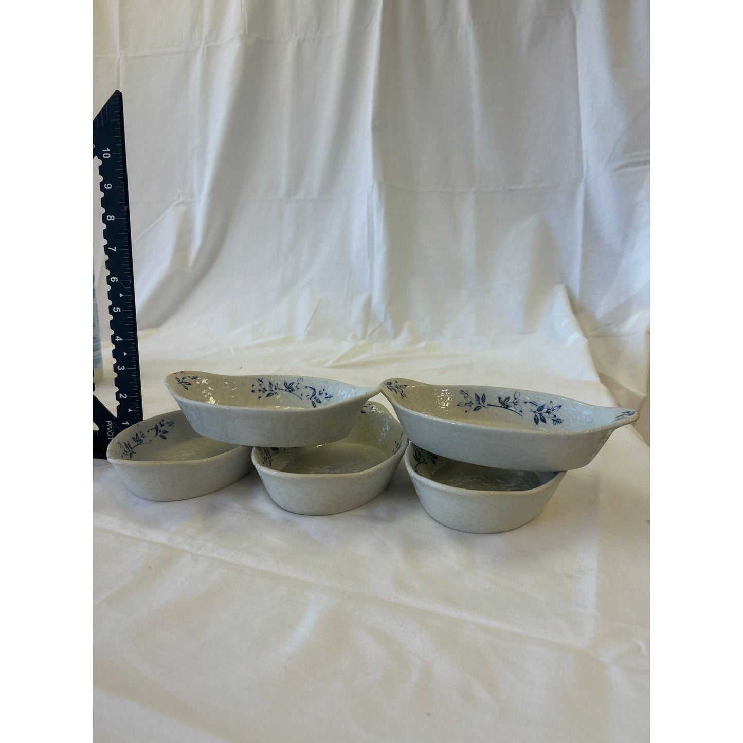 Set Of 5 Vintage Gray Oval Ceramic Bowls With Blue Floral Design