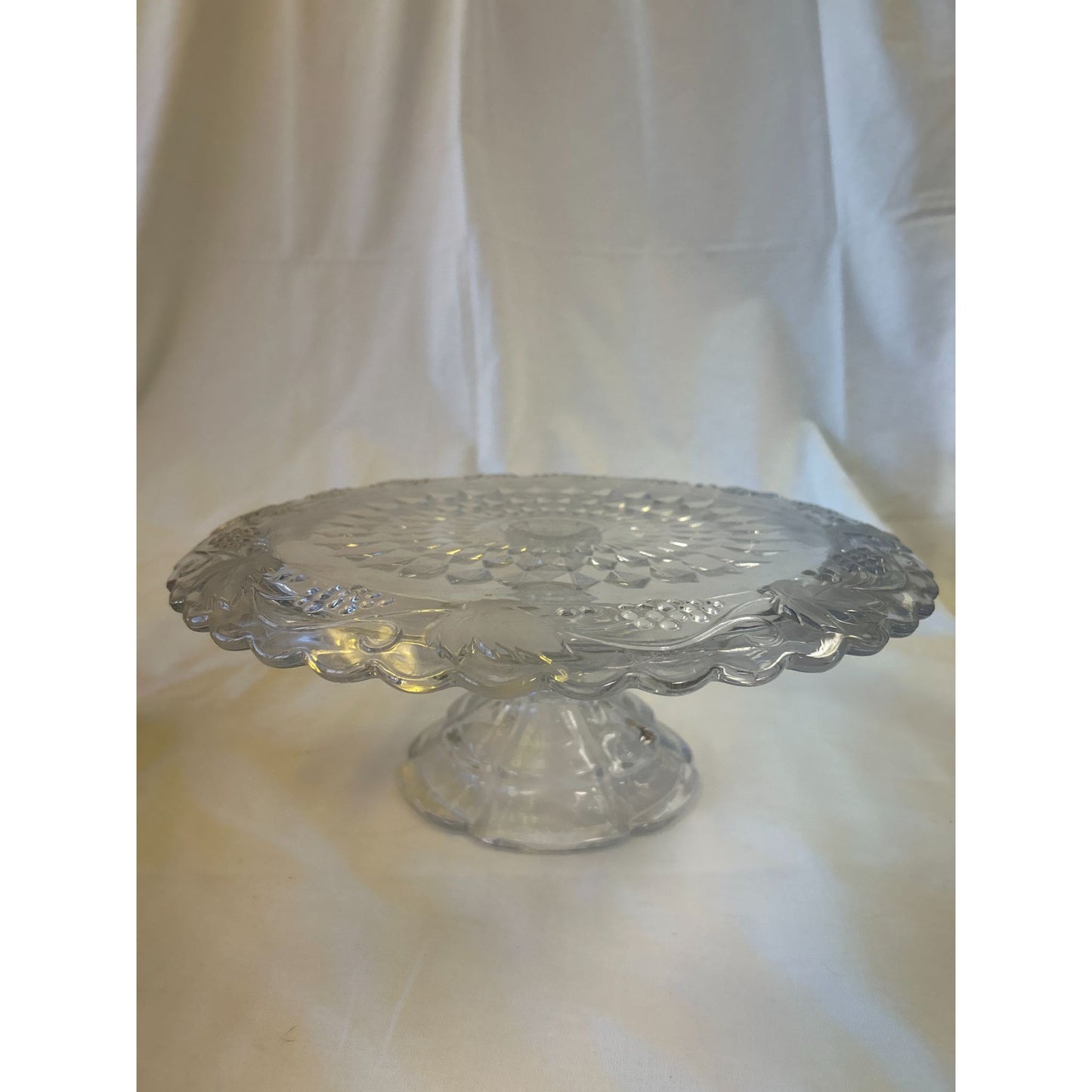 Vintage Clear Glass Pedestal Cake Stand With Scalloped Edge & Floral Pattern