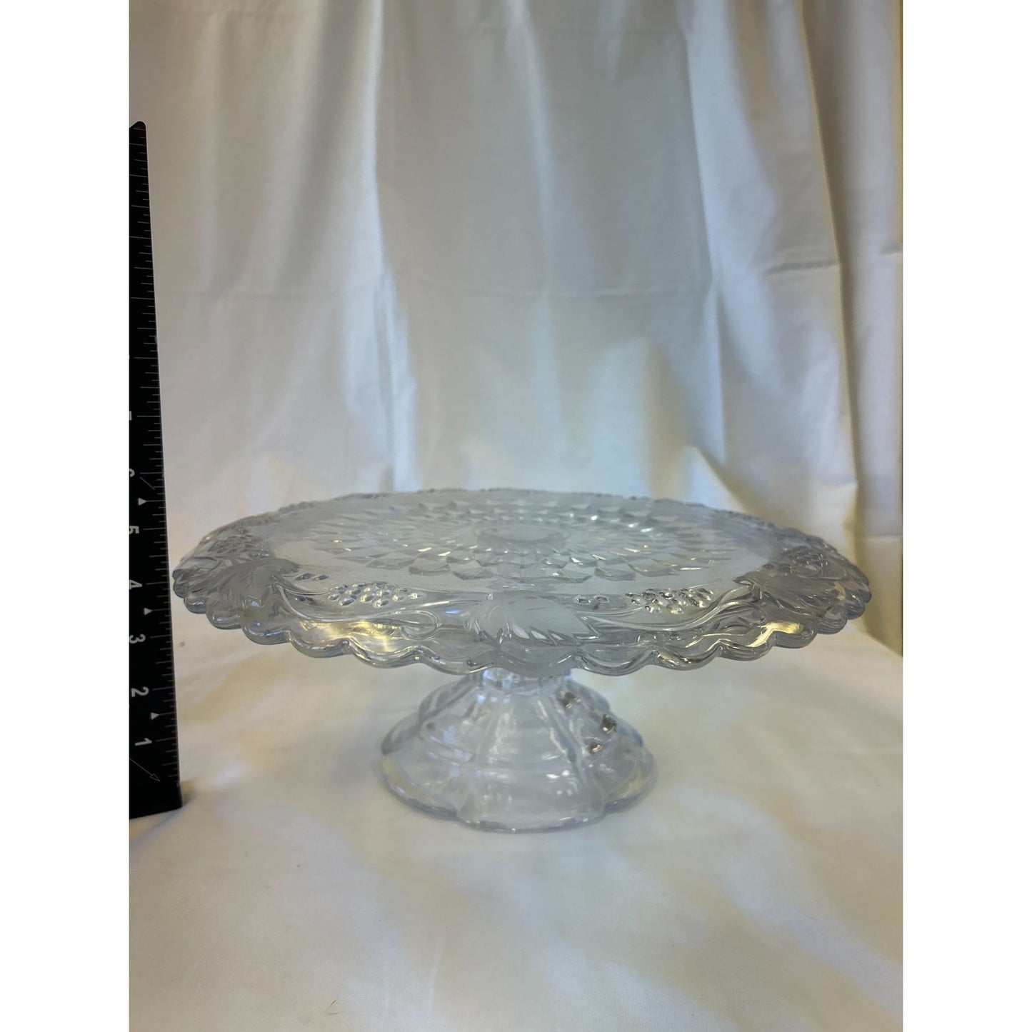 Vintage Clear Glass Pedestal Cake Stand With Scalloped Edge & Floral Pattern
