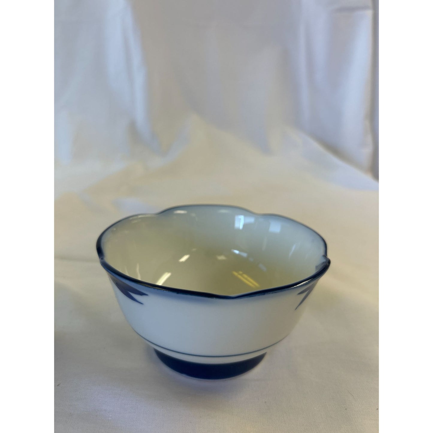 Vintage White & Blue Porcelain Small Bowl With Scalloped Edges