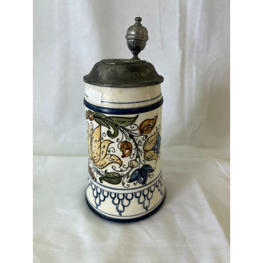 Vintage German Ceramic Beer Stein With Pewter Lid & Hand-Painted Floral Design
