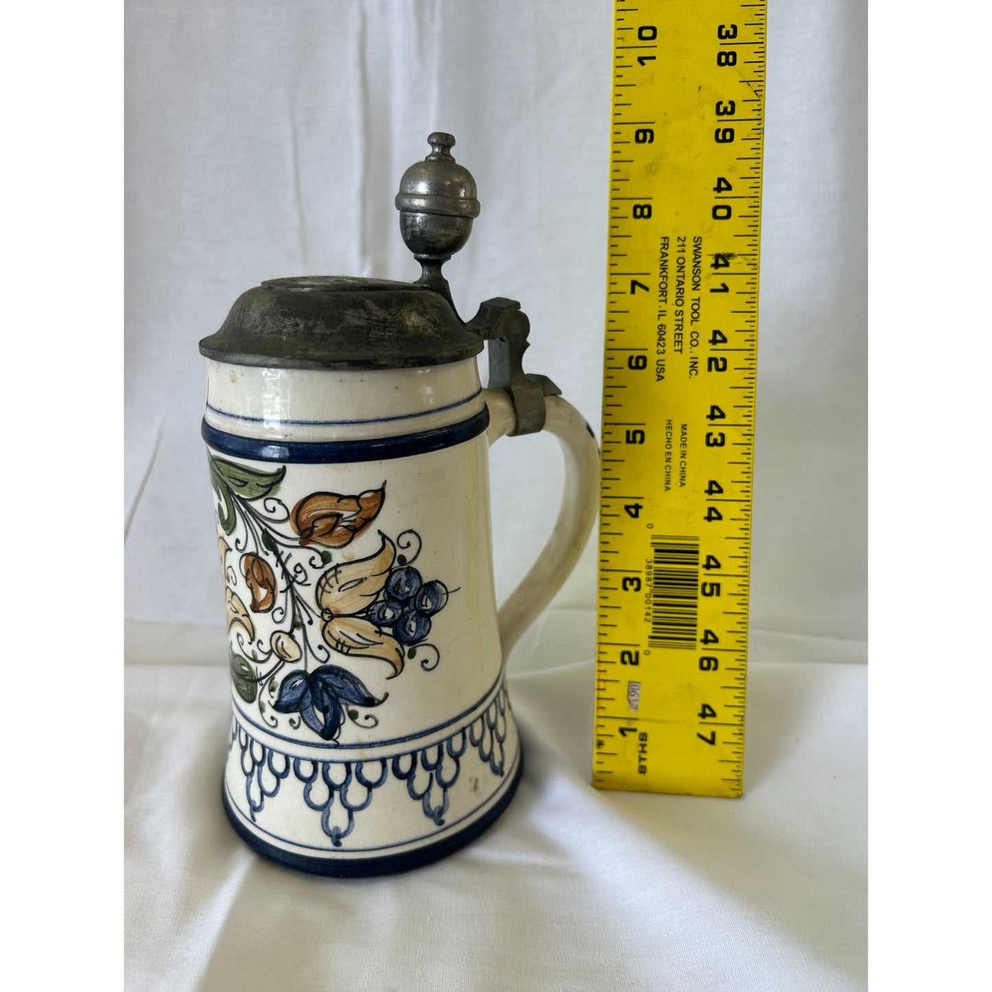 Vintage German Ceramic Beer Stein With Pewter Lid & Hand-Painted Floral Design