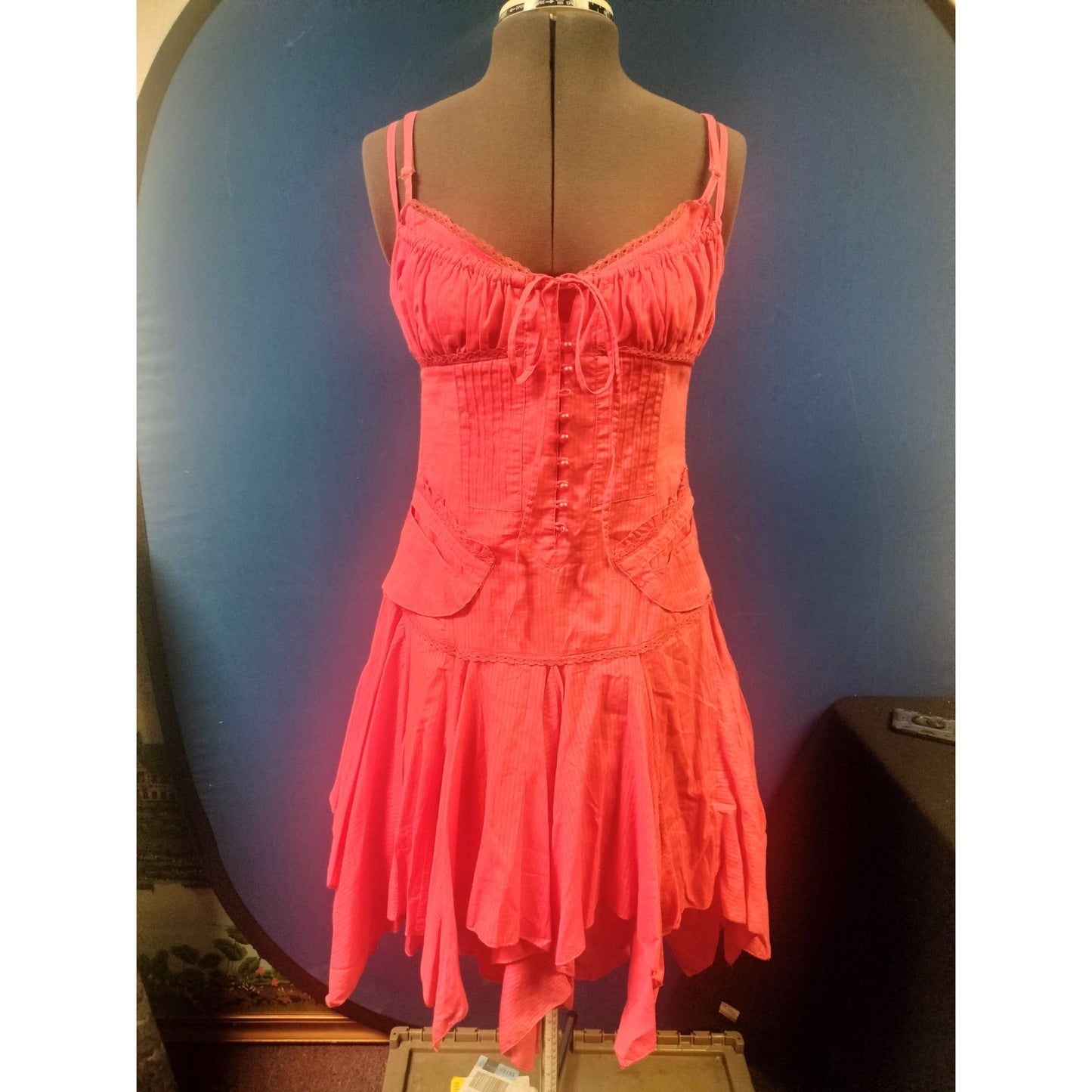Tea NWT Women's Pink Cotton Corset Style Sleeveless Dress Laced Front & Handkerchief Hem S
