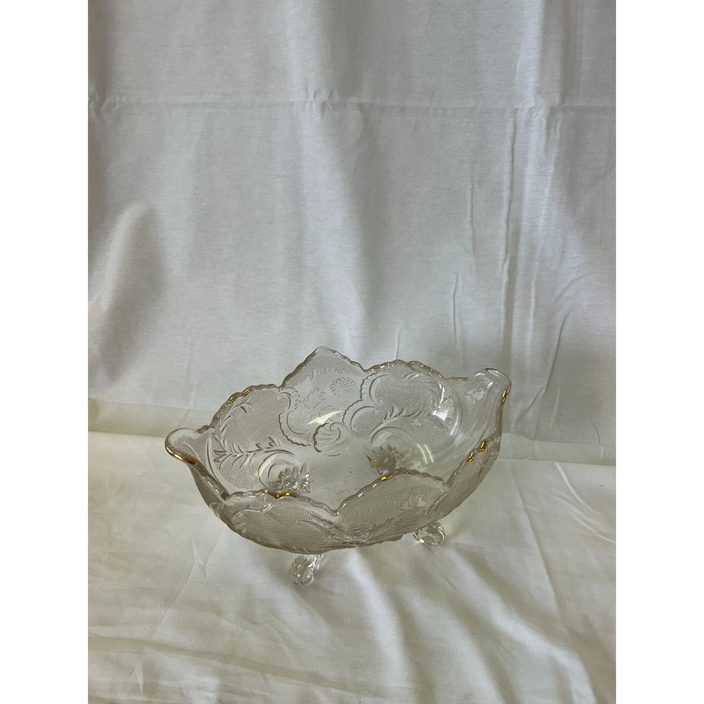 Vintage Clear Glass Bowl With Gold Trim & Etched Floral Design