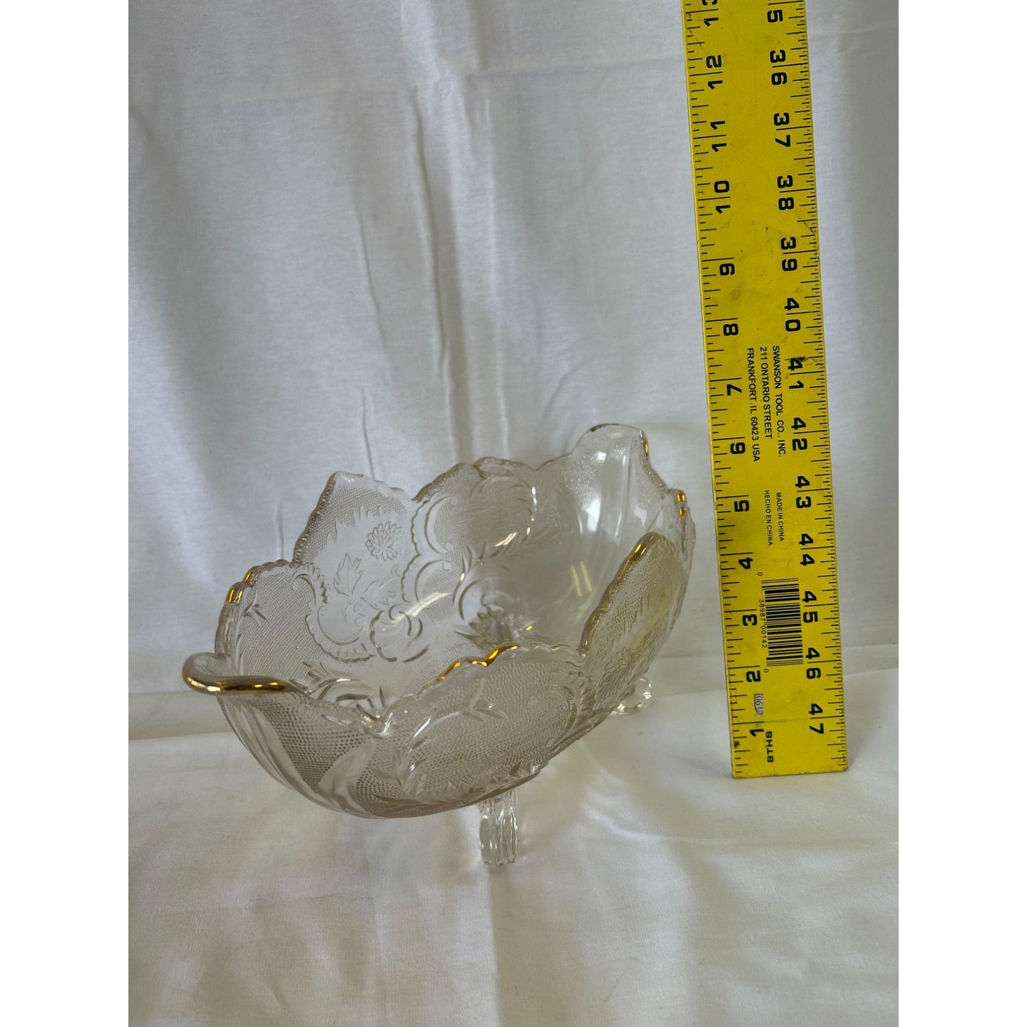 Vintage Clear Glass Bowl With Gold Trim & Etched Floral Design