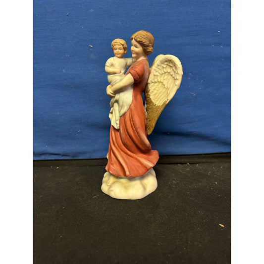 Hand-Painted Ceramic Angel Figurine Holding Child With Golden Wings