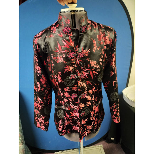 Vintage Asian-Inspired Black & Red Floral Satin Jacket With Frog Closures & Pockets Womens M