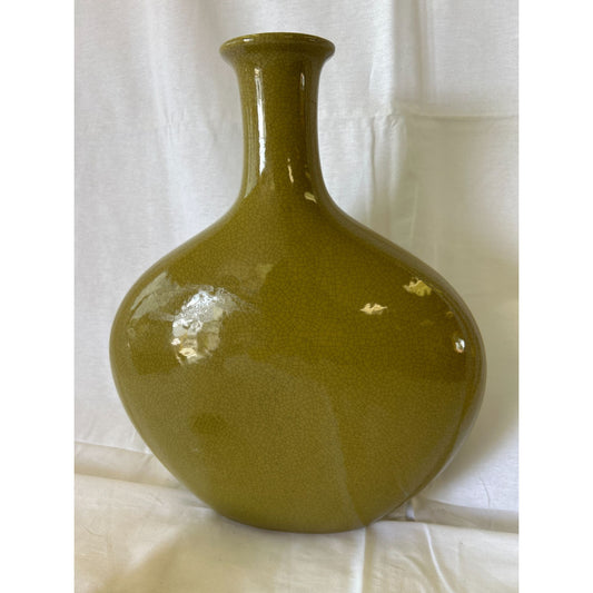 Vintage Olive Green Crackle Glaze Ceramic Vase 15" Tall Decorative Home Accent Piece