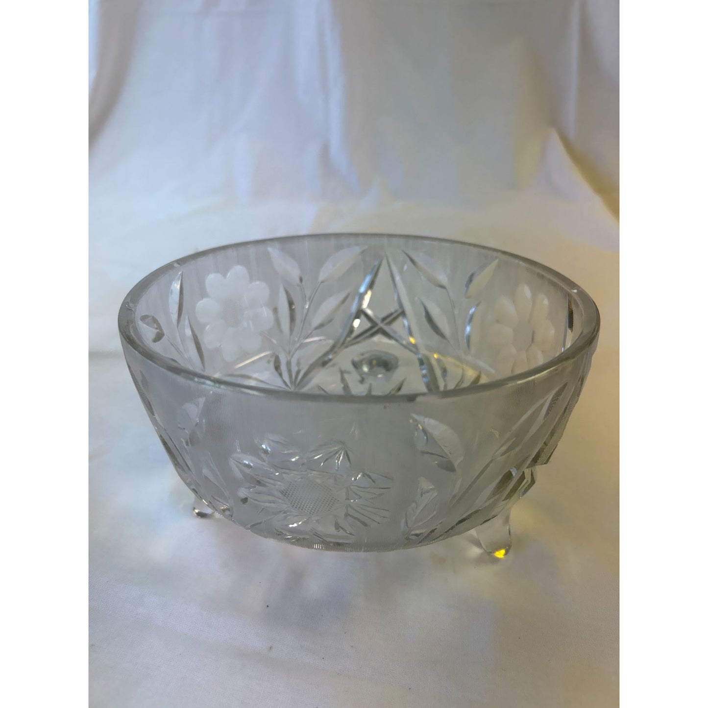 Vintage Clear Glass/Crystal Etched Floral Pattern Footed Bowl