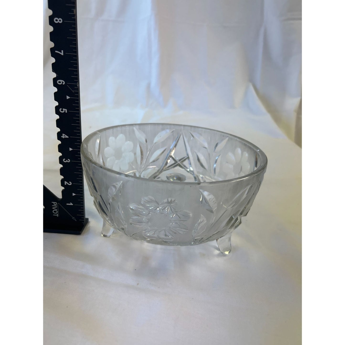 Vintage Clear Glass/Crystal Etched Floral Pattern Footed Bowl