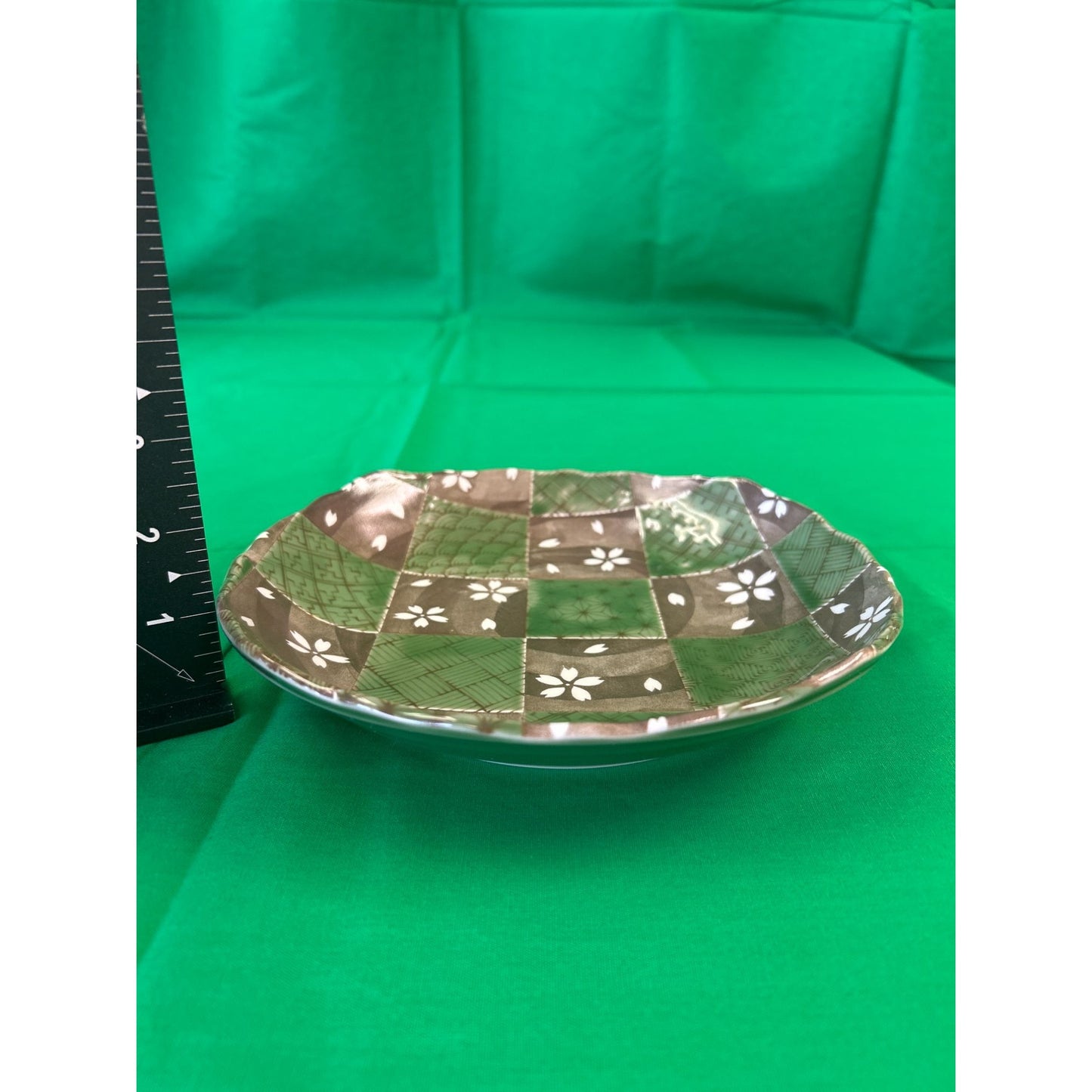 Handcrafted Green & Brown Ceramic Plate With Floral & Geometric Patterns 8" Diameter Decorative Or Functional Use