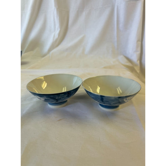 Set Of 2 Vintage Blue & White Porcelain Bowls With Floral Design