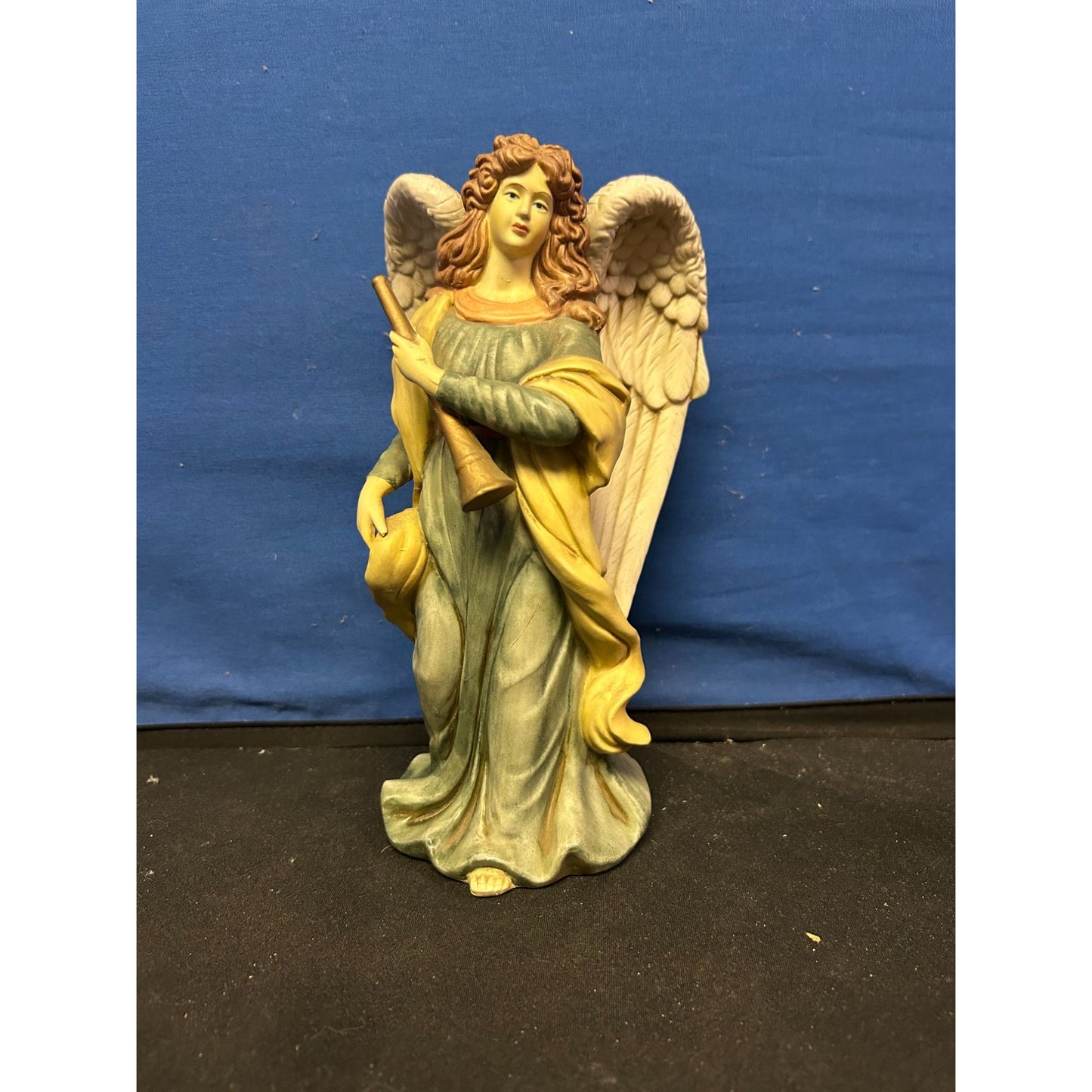 Hand-Painted Angel Figurine With Trumpet & Flowing Gown 7.5" Resin Collectible Statue